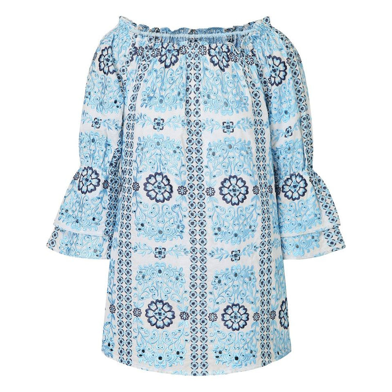Sarah wearing Blue Floral Embroidered Blouse