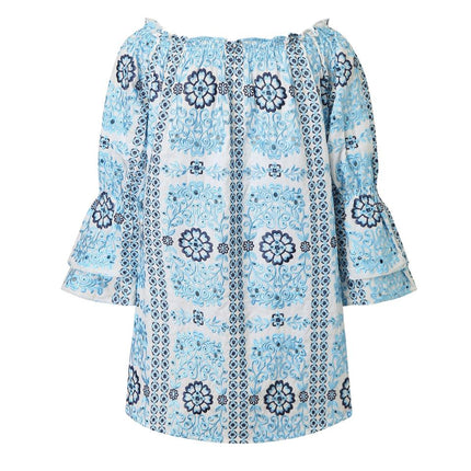 Jane wearing Blue Floral Embroidered Blouse
