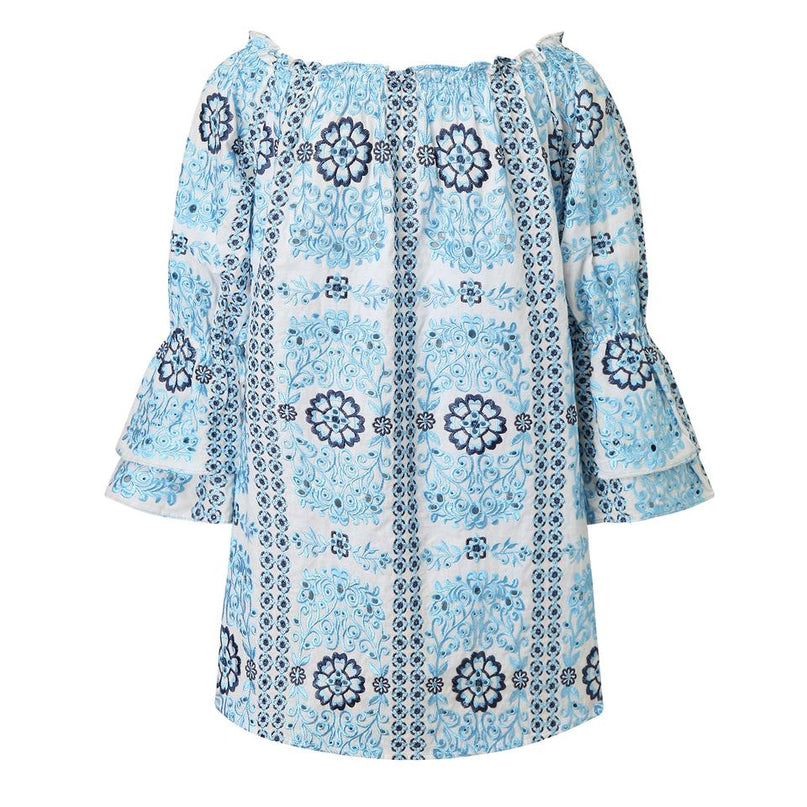 Jane wearing Blue Floral Embroidered Blouse