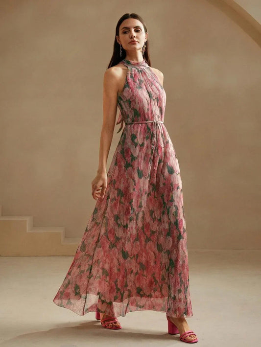 Blue Floral Pleated Halter Neck Dress