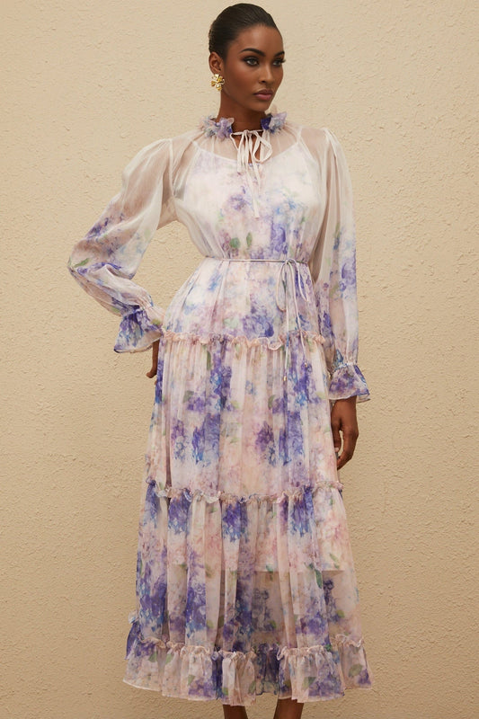 Blue Floral Print Midi Dress with Frilled Neck and Puff Sleeves