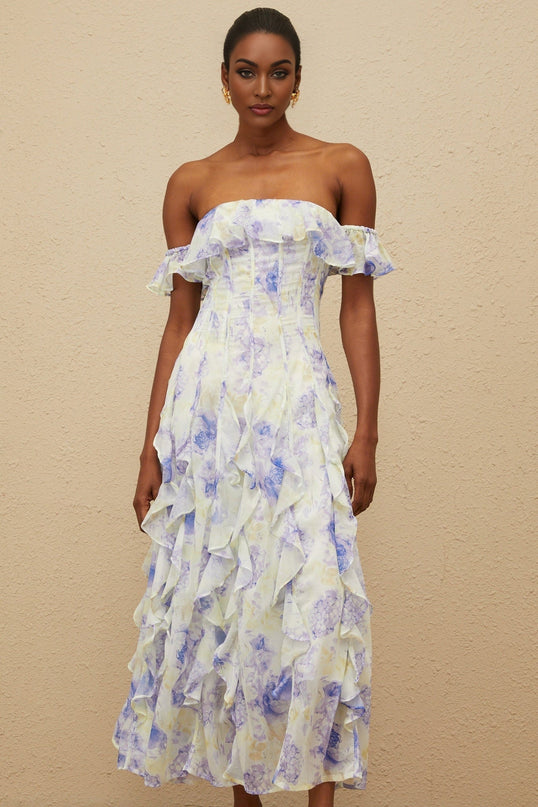 Blue floral print off the shoulder maxi dress with ruffled detailing and shirred effect