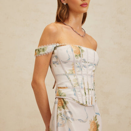 Blue floral print off the shoulder maxi dress with lace trim and decorative buttons