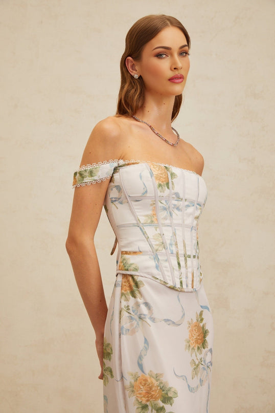 Blue floral print off the shoulder maxi dress with lace trim and decorative buttons