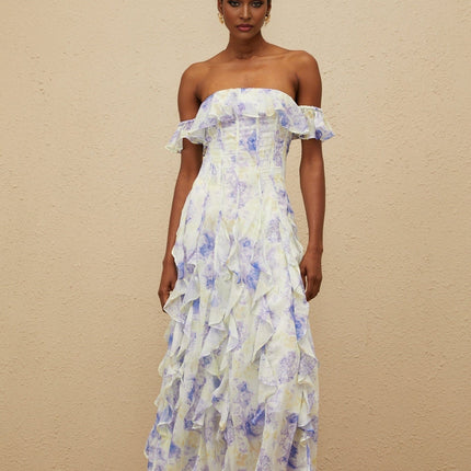 Blue Floral Print Off the Shoulder Maxi Dress with Ruffled Detailing