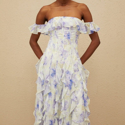 Blue floral print off the shoulder maxi dress with ruffled detailing and shirred effect