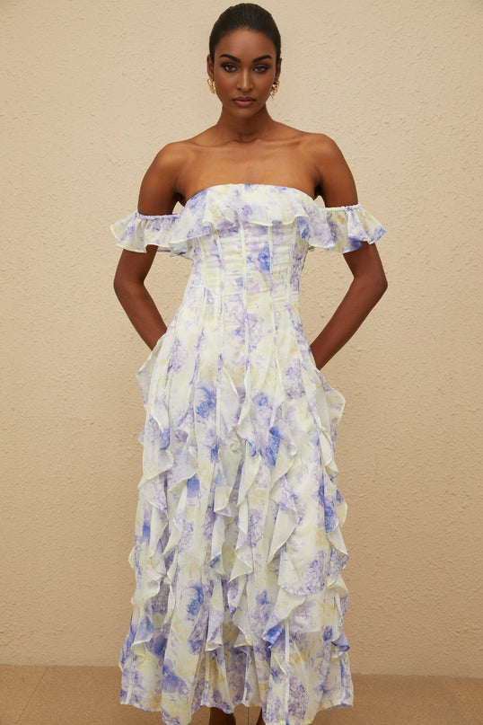 Blue floral print off the shoulder maxi dress with ruffled detailing and shirred effect