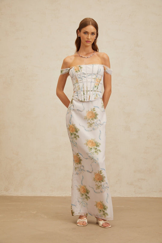 Blue floral print off the shoulder maxi dress with lace trim and decorative buttons