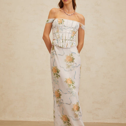 Blue floral print off the shoulder maxi dress with lace trim and decorative buttons