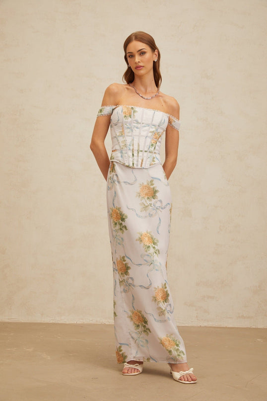 Blue floral print off the shoulder maxi dress with lace trim and decorative buttons