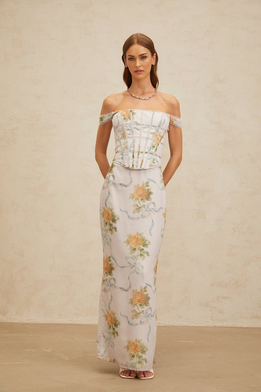 Blue floral print off the shoulder maxi dress with lace trim and decorative buttons