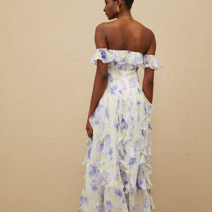 Blue floral print off the shoulder maxi dress with ruffled detailing and shirred effect