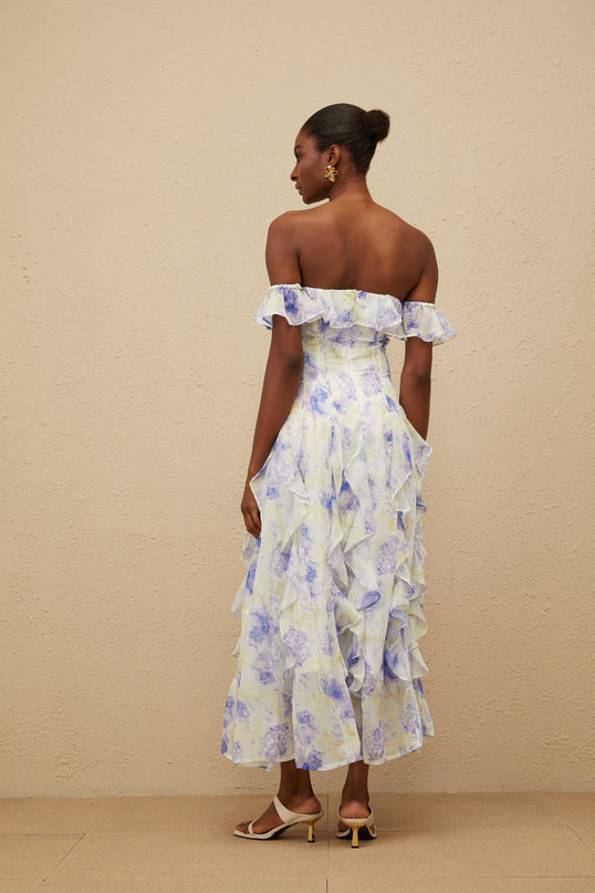 Blue floral print off the shoulder maxi dress with ruffled detailing and shirred effect