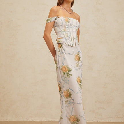 Blue floral print off the shoulder maxi dress with lace trim and decorative buttons