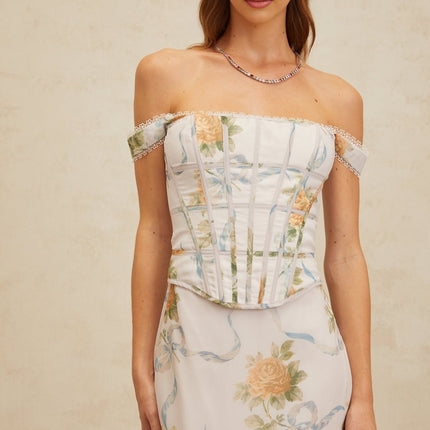 Blue floral print off the shoulder maxi dress with lace trim and decorative buttons