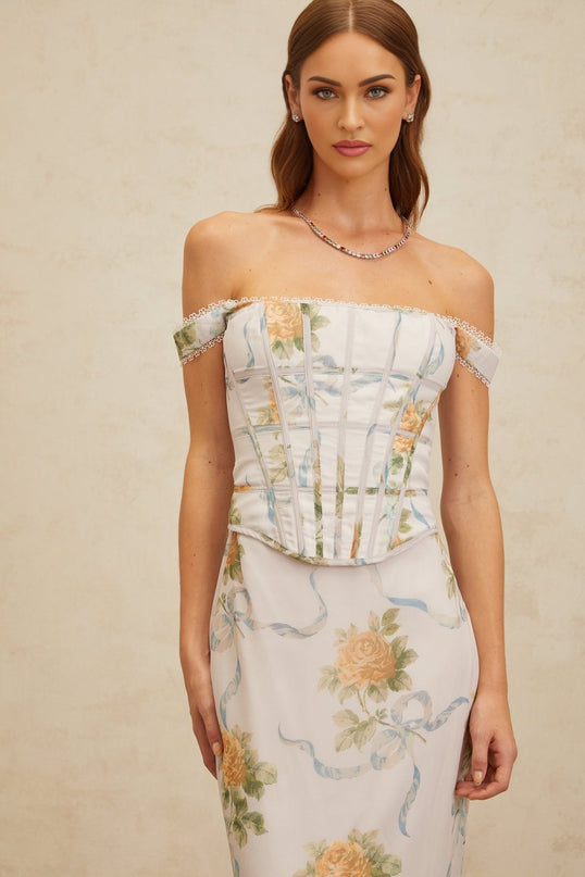 Blue floral print off the shoulder maxi dress with lace trim and decorative buttons