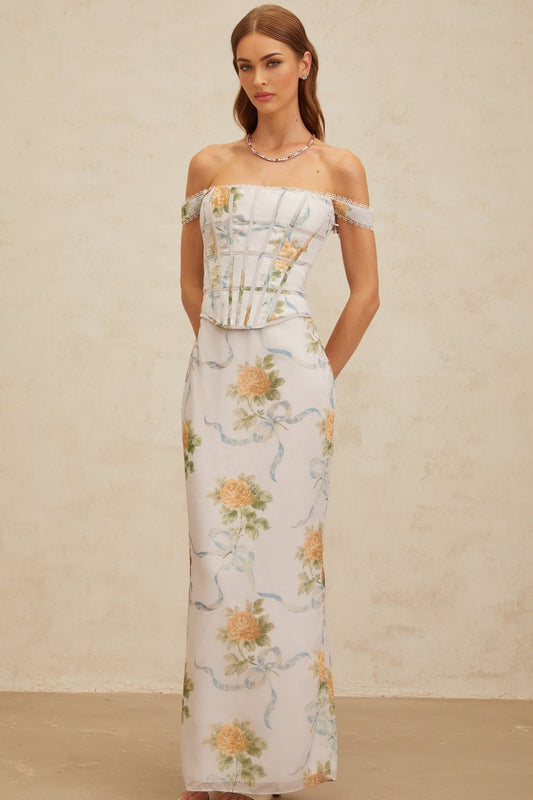 Blue floral print off the shoulder maxi dress with lace trim and decorative buttons
