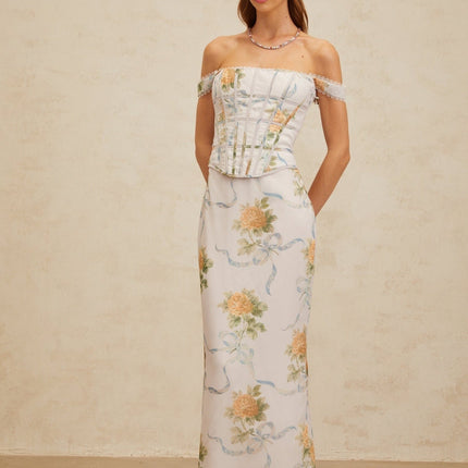 Blue floral print off the shoulder maxi dress with lace trim and decorative buttons