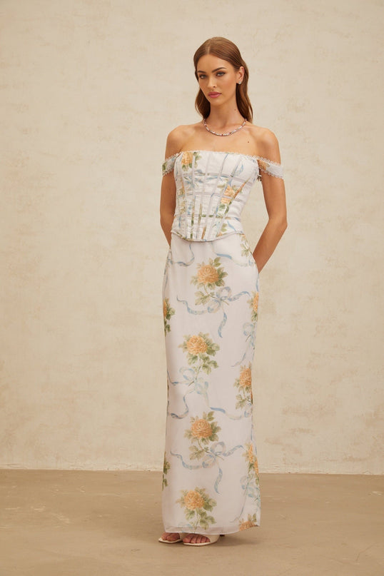 Blue floral print off the shoulder maxi dress with lace trim and decorative buttons