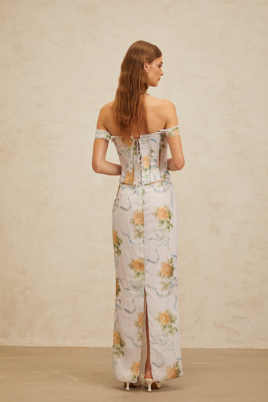 Blue floral print off the shoulder maxi dress with lace trim and decorative buttons