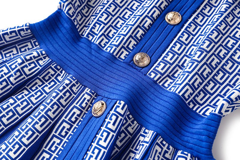 Blue Geometric Print A-Line Dress with Gold Buttons and V-Neckline