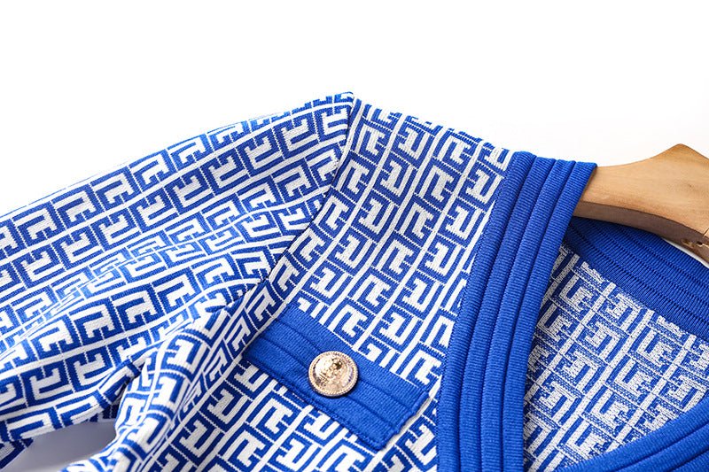 Blue geometric print A-line dress with gold-tone buttons and V-neckline