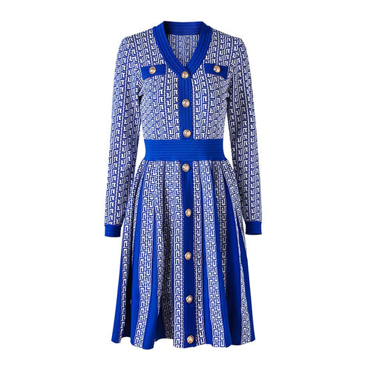 Blue geometric print midi dress with gold-tone buttons and pockets