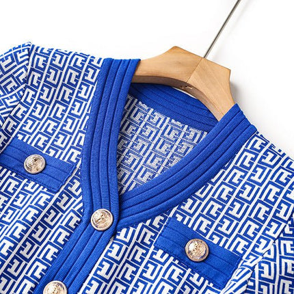 Blue geometric print midi dress with gold-tone buttons and pockets