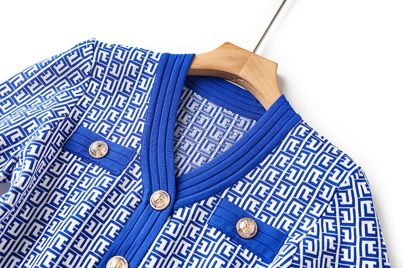 Blue geometric print midi dress with gold-tone buttons and pockets