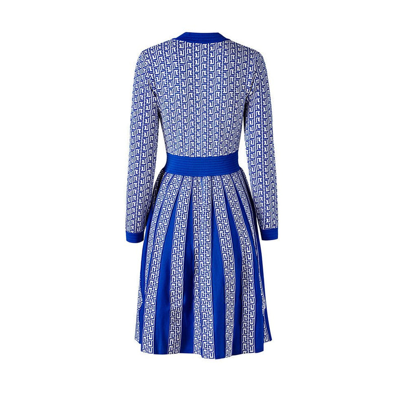 Blue geometric print midi dress with gold-tone buttons and pockets