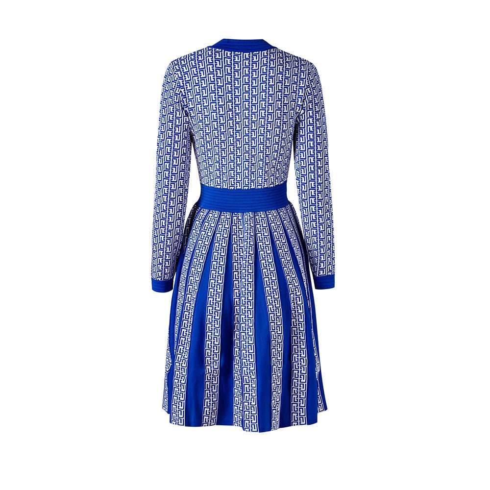 Blue geometric print midi dress with gold-tone buttons and pockets
