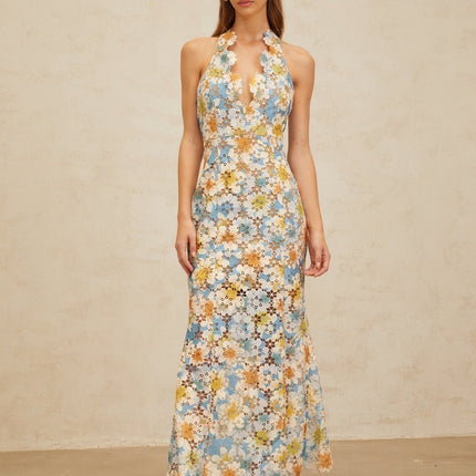 Blue Halterneck Floral Embroidered Maxi Dress with Cut-Out Design