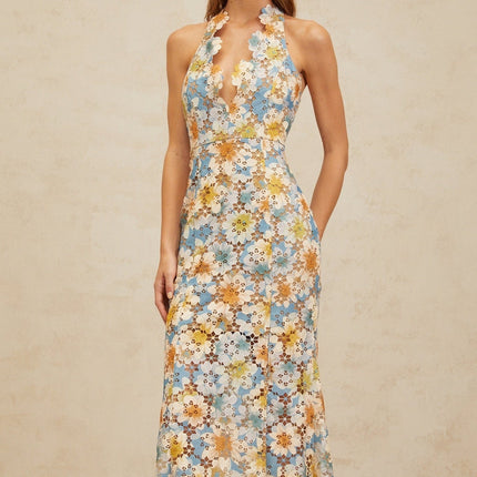 Blue halterneck sleeveless maxi dress with floral embroidery and cut-out design