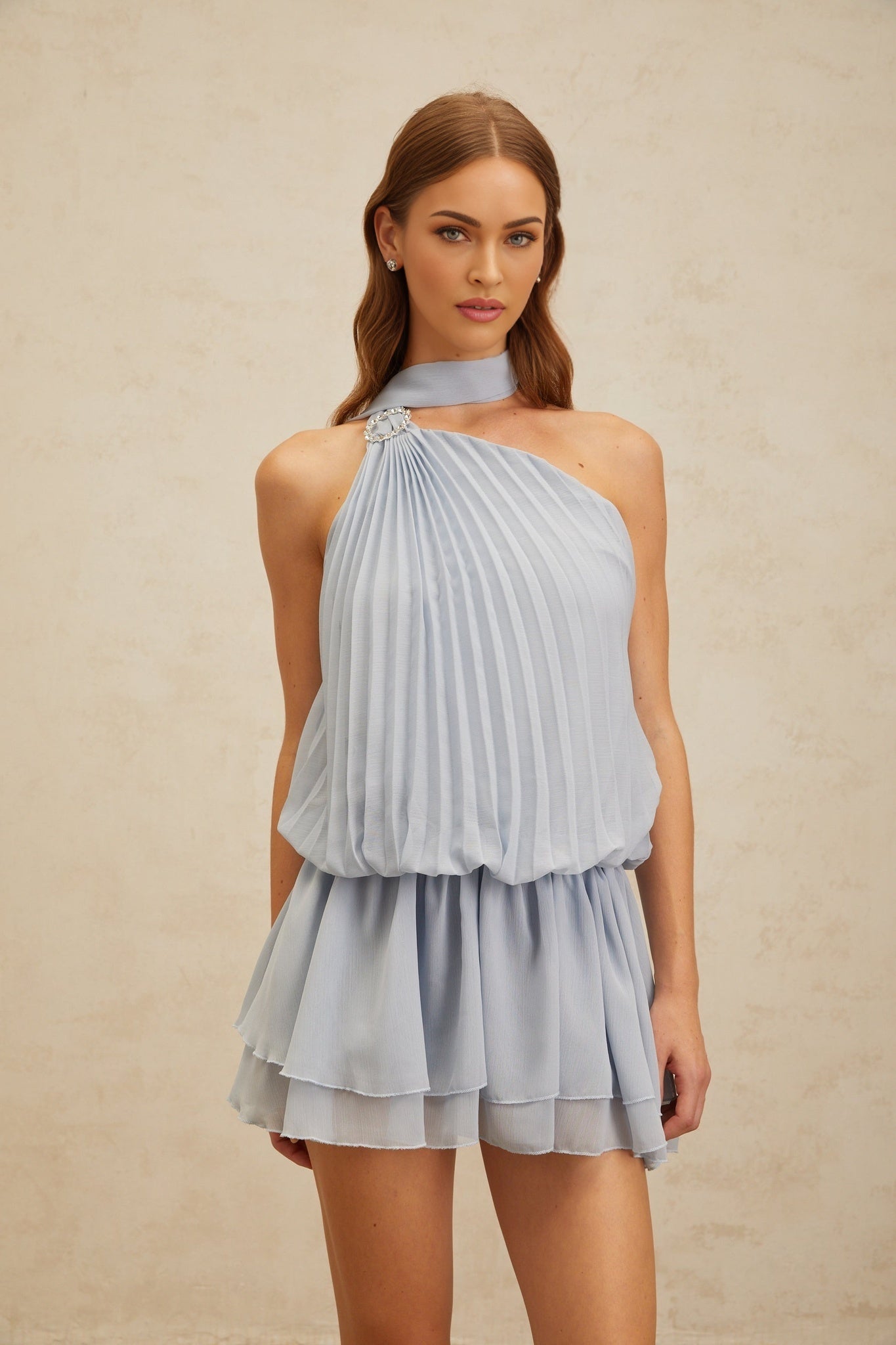 Blue Halterneck Sleeveless Pleated Ribbon Design Crystal-Embellished Buckle Dress