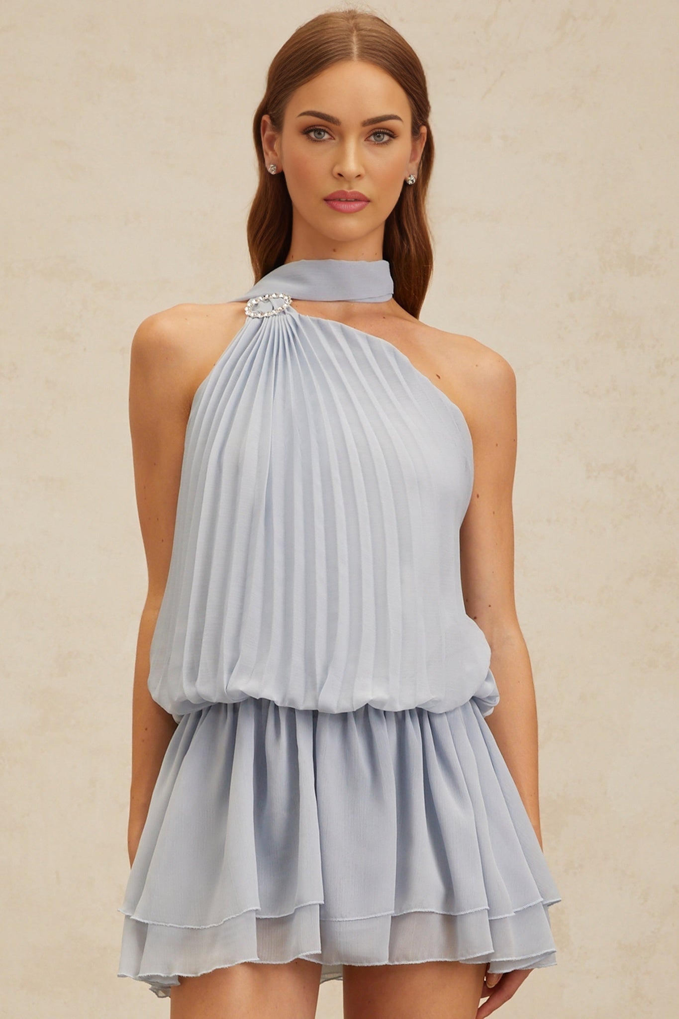 Blue Halterneck Sleeveless Pleated Ribbon Design Crystal-Embellished Buckle Thigh-Length Dress