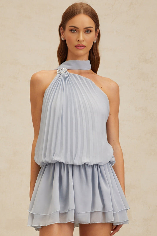 Blue Halterneck Sleeveless Pleated Ribbon Design Crystal-Embellished Buckle Thigh-Length Dress