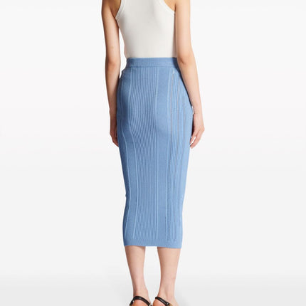 Blue high-waisted ribbed midi skirt with gold buttons