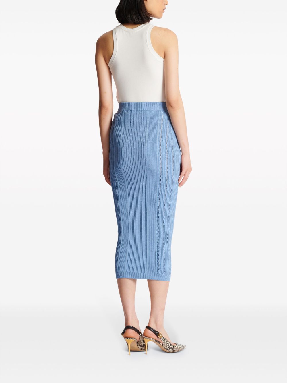 Blue high-waisted ribbed midi skirt with gold buttons