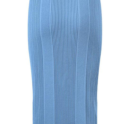 Blue high-waisted ribbed midi skirt with gold buttons