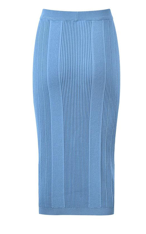 Blue high-waisted ribbed midi skirt with gold buttons