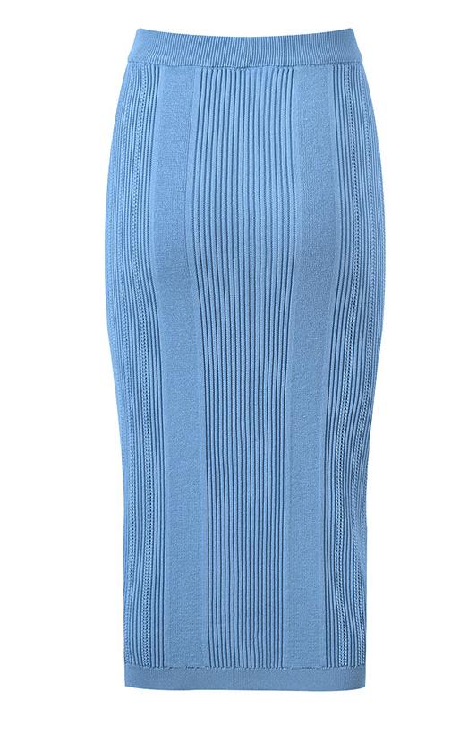 Blue high-waisted ribbed midi skirt with gold buttons