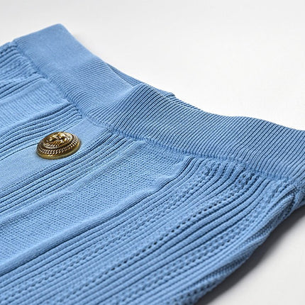 Blue high-waisted ribbed midi skirt with gold buttons