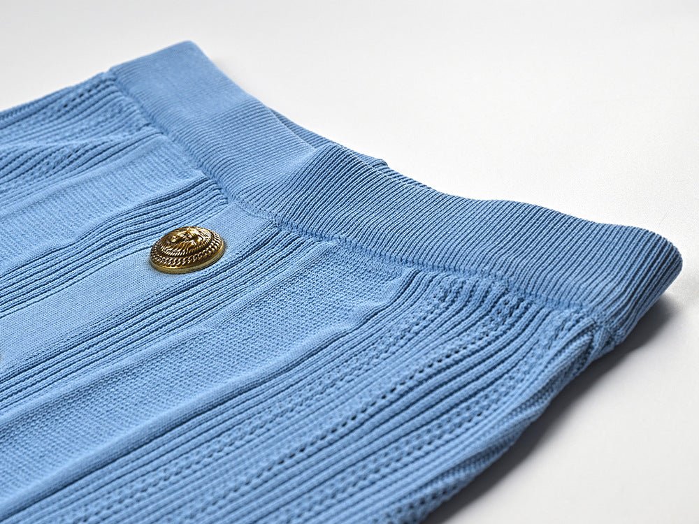 Blue high-waisted ribbed midi skirt with gold buttons