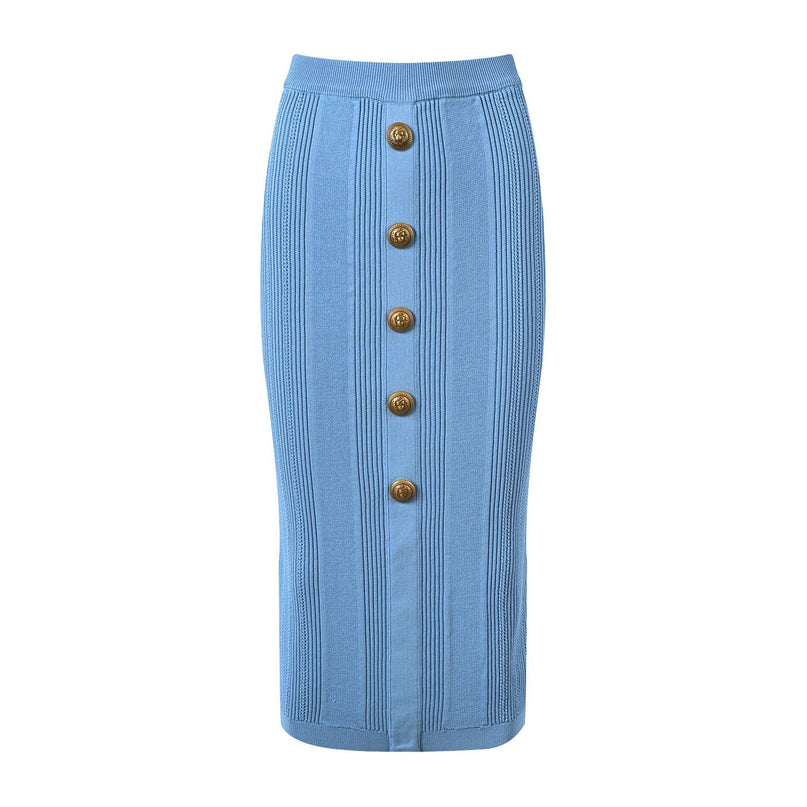 Blue high-waisted ribbed midi skirt with gold buttons