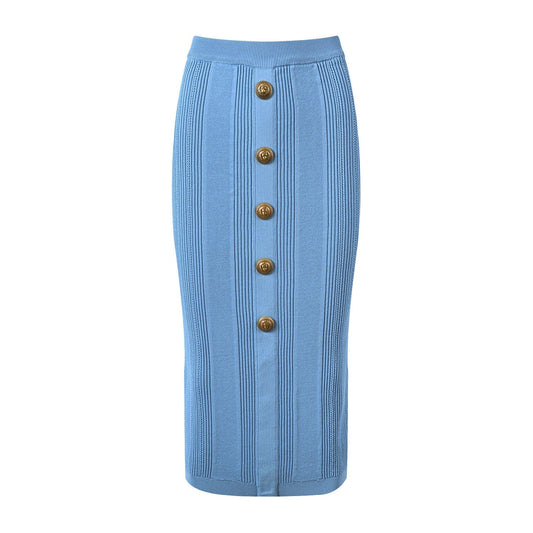 Blue high-waisted ribbed midi skirt with gold buttons