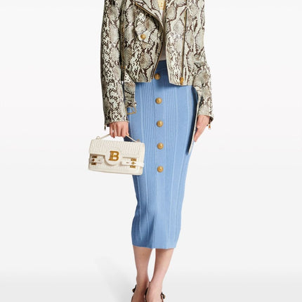 Blue high-waisted ribbed midi skirt with gold buttons