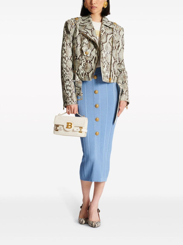 Blue high-waisted ribbed midi skirt with gold buttons