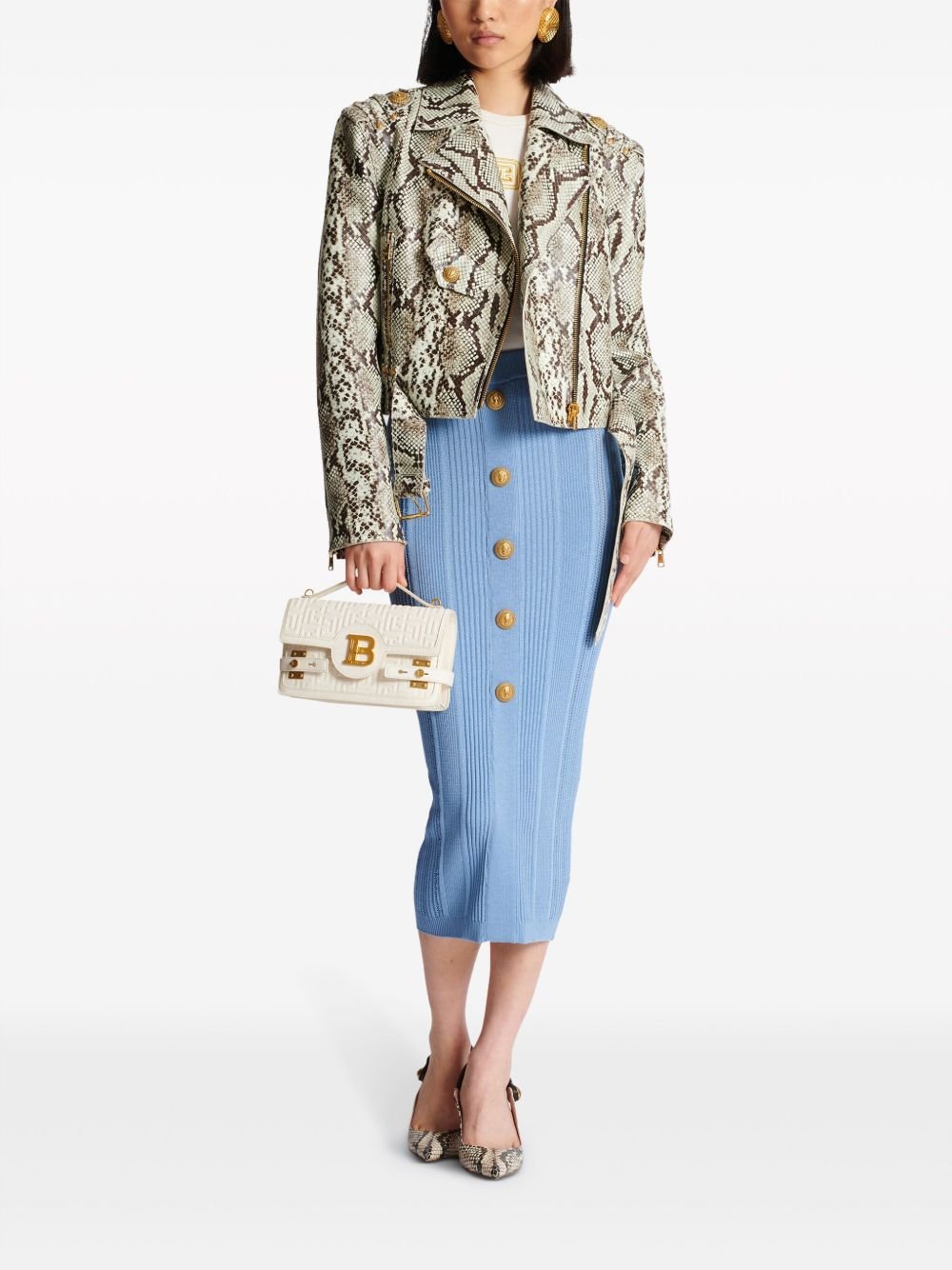 Blue high-waisted ribbed midi skirt with gold buttons