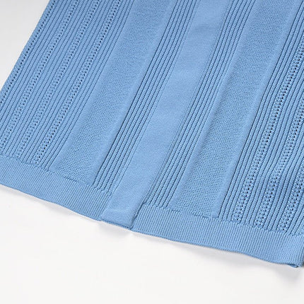 Blue high-waisted ribbed midi skirt with gold buttons