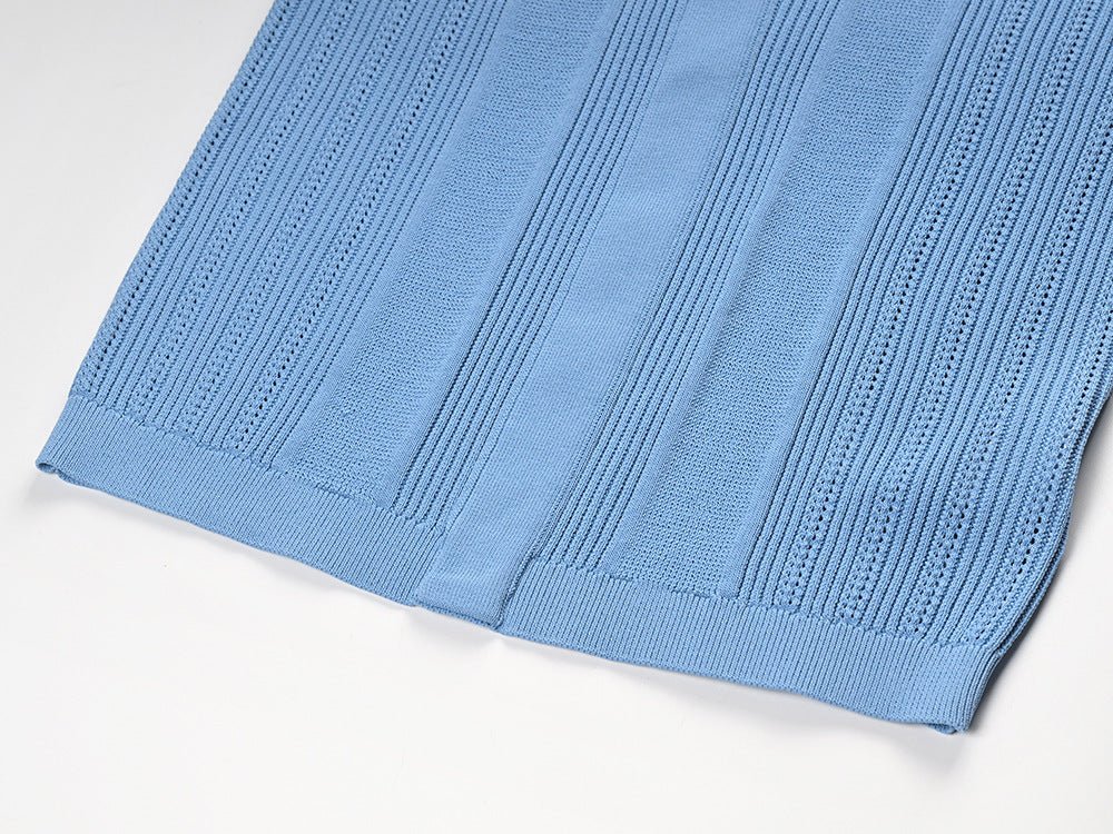 Blue high-waisted ribbed midi skirt with gold buttons